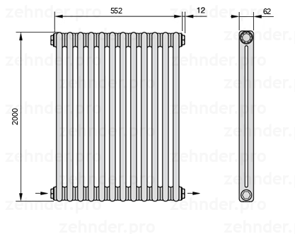 Схема (чертеж) Радиатор Zehnder Charleston 2200/12 №2670 Белый глянцевый RAL 9016